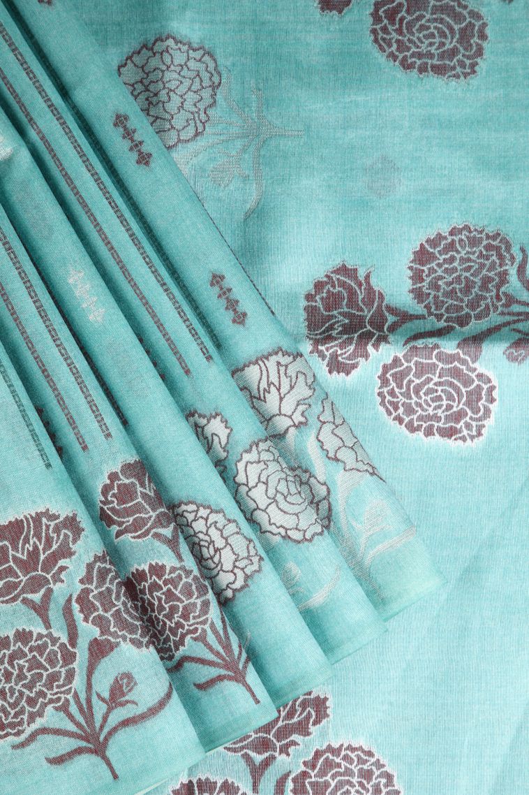 Sapphire Blue Semi Tussar Silk with Silver Zari Stripes view 1