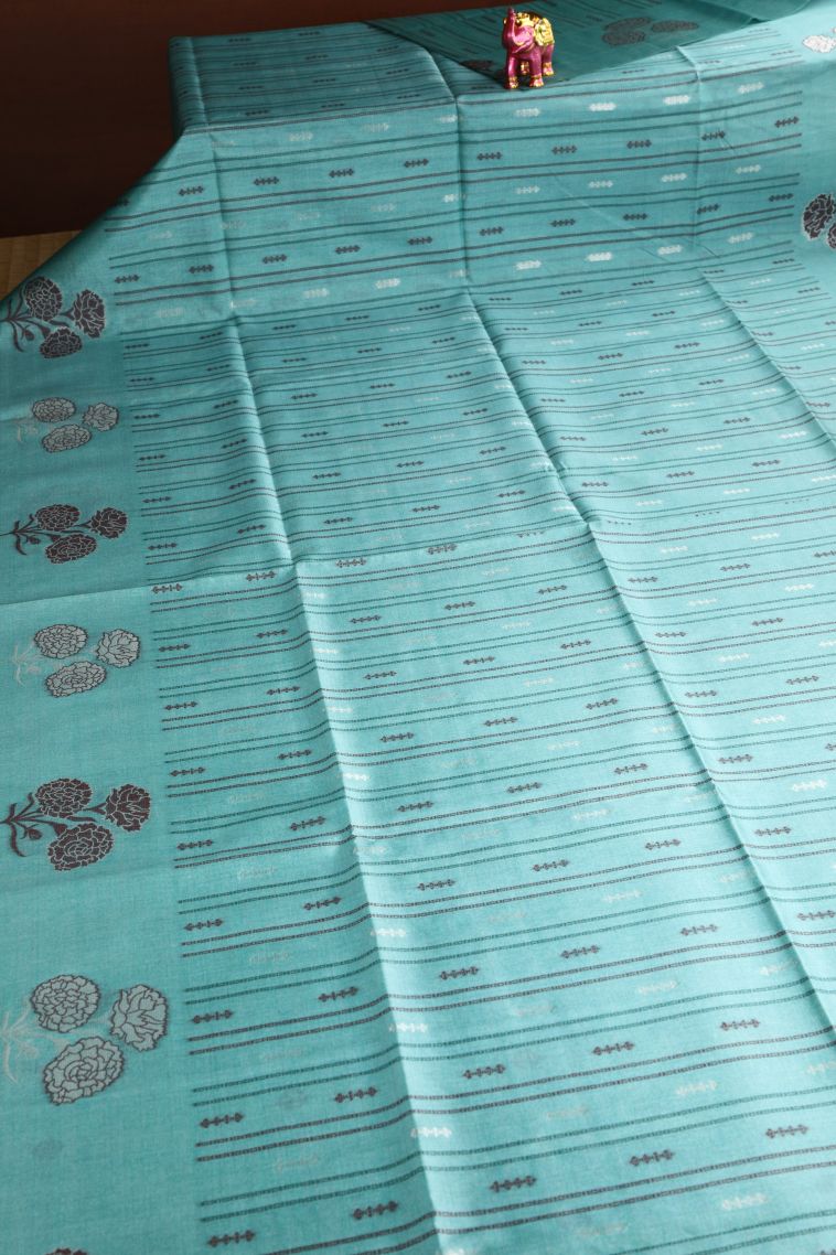 Sapphire Blue Semi Tussar Silk with Silver Zari Stripes view 2