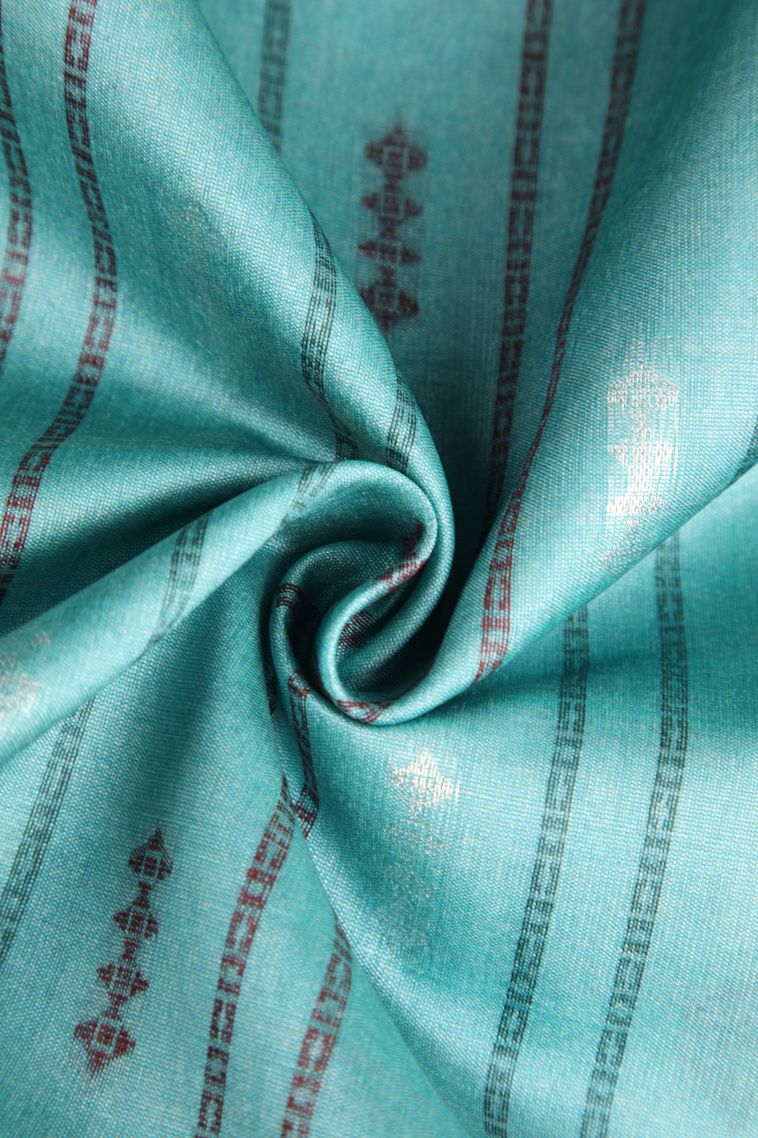 Sapphire Blue Semi Tussar Silk with Silver Zari Stripes view 4