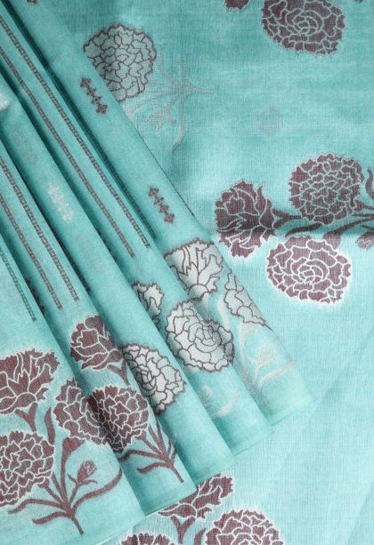 Sapphire Blue Semi Tussar Silk with Silver Zari Stripes