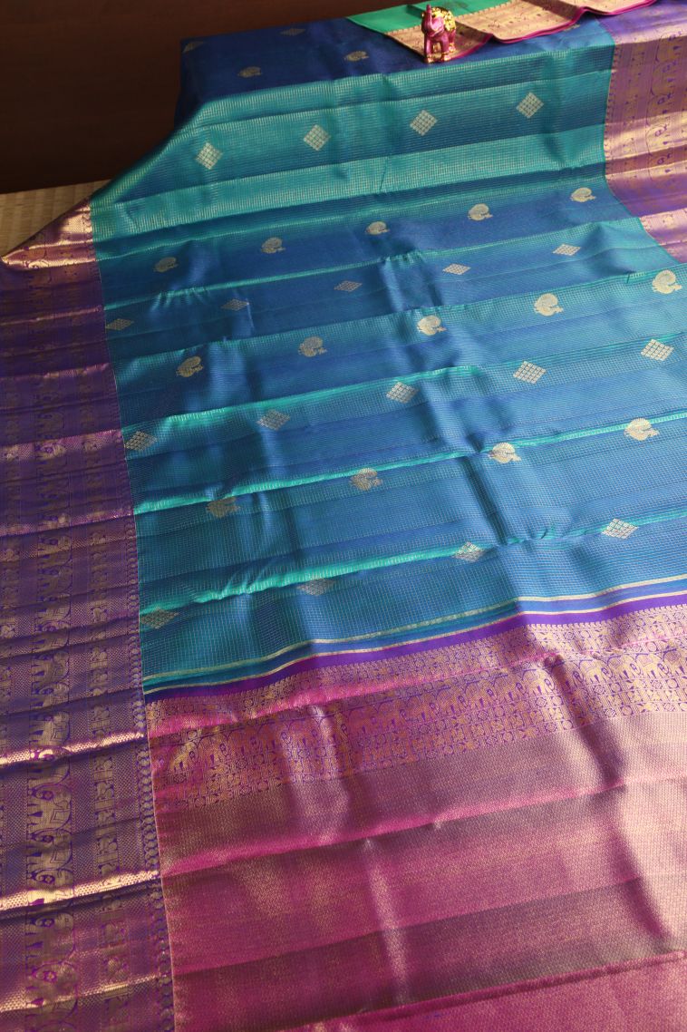 Ocean Blue Kanchipuram Silk Sarees with Gold Zari Peacock Motifs view 2