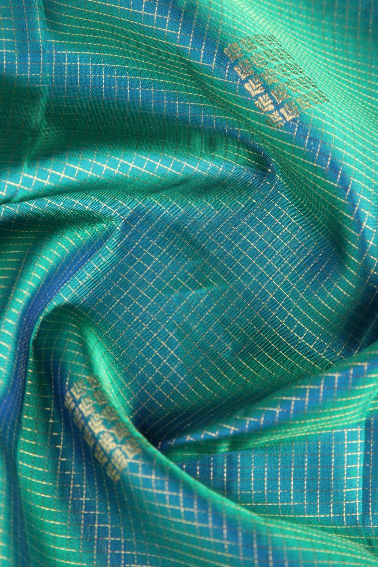 Ocean Blue Kanchipuram Silk Sarees with Gold Zari Peacock Motifs view 4