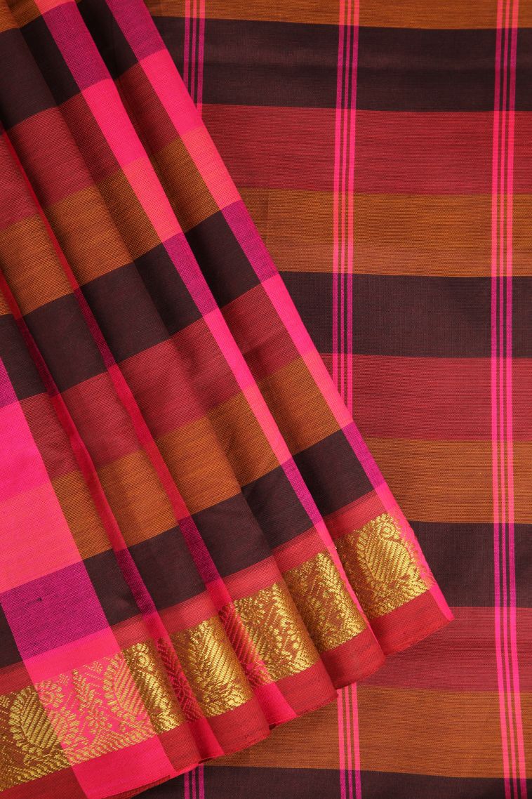 Bubblegum Pink Poly Cotton Sarees Gold Zari with Checks