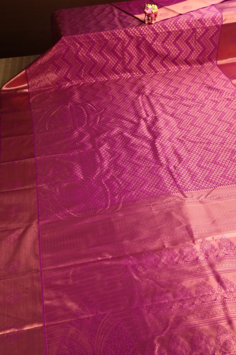 Fuscia Pink Apoorva Silk Sarees Copper Zari with Floral Puttas view 2