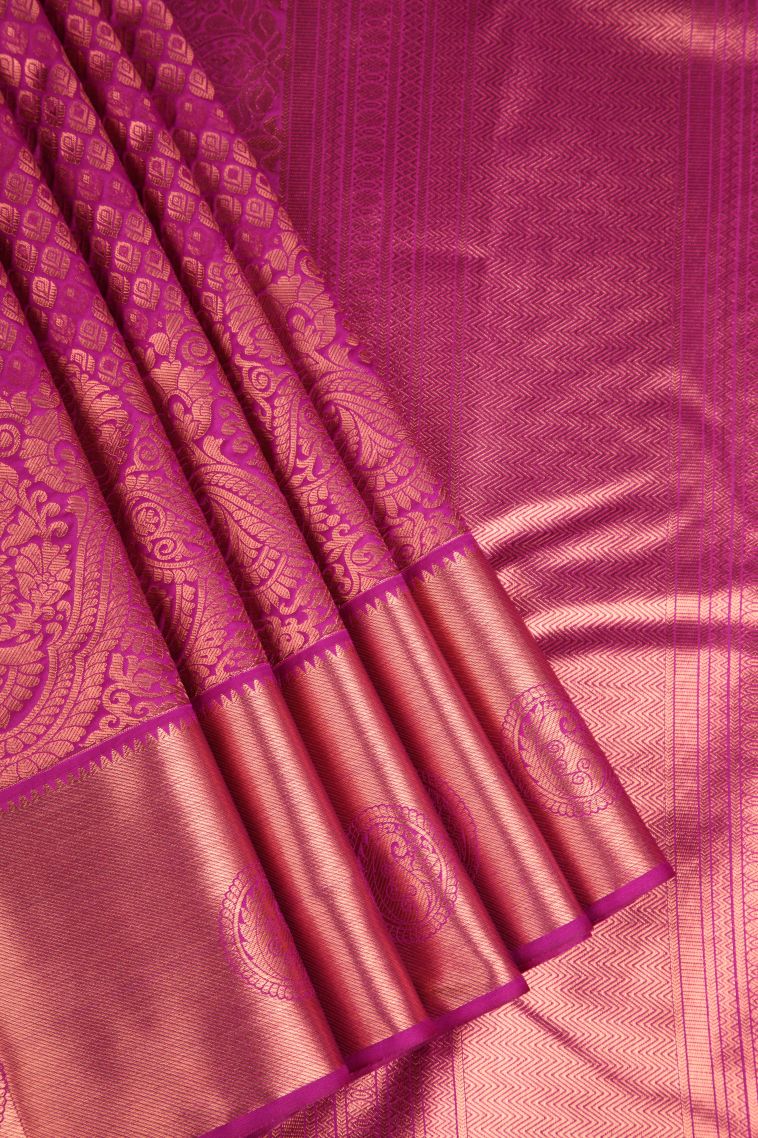 Fuscia Pink Apoorva Silk Sarees Copper Zari with Floral Puttas view 1