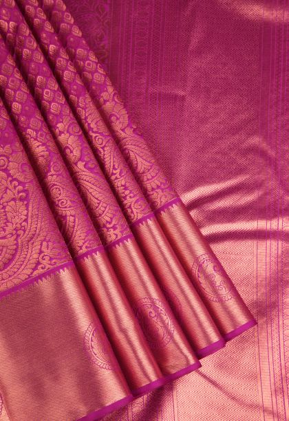 Fuscia Pink Apoorva Silk Sarees Copper Zari with Floral Puttas