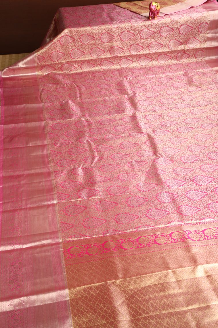 Punch Pink Apoorva Silk Sarees with Gold And Silver Zari Floral Patterns view 2