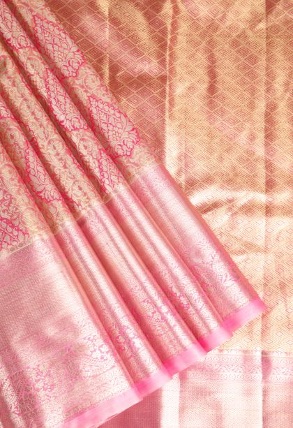 Punch Pink Apoorva Silk Sarees with Gold And Silver Zari Floral Patterns