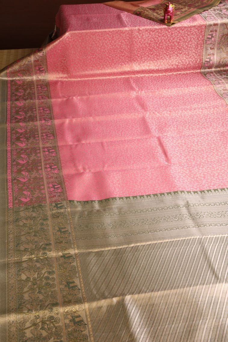 Strawberry Pink Apoorva Silk Sarees with Gold And Silver Zari Floral Puttas view 2