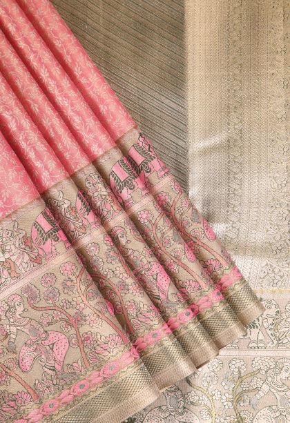 Strawberry Pink Apoorva Silk Sarees with Gold And Silver Zari Floral Puttas