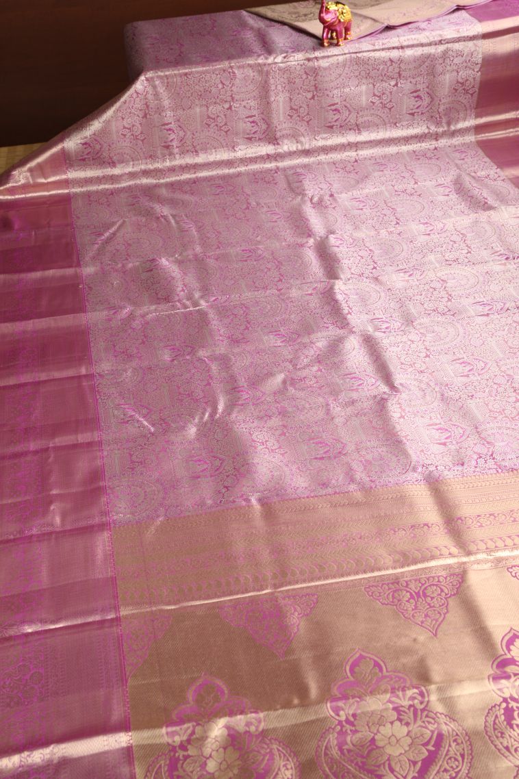Magenta Purple Apoorva Silk Sarees with Gold And Silver Zari Peacock Motifs view 2