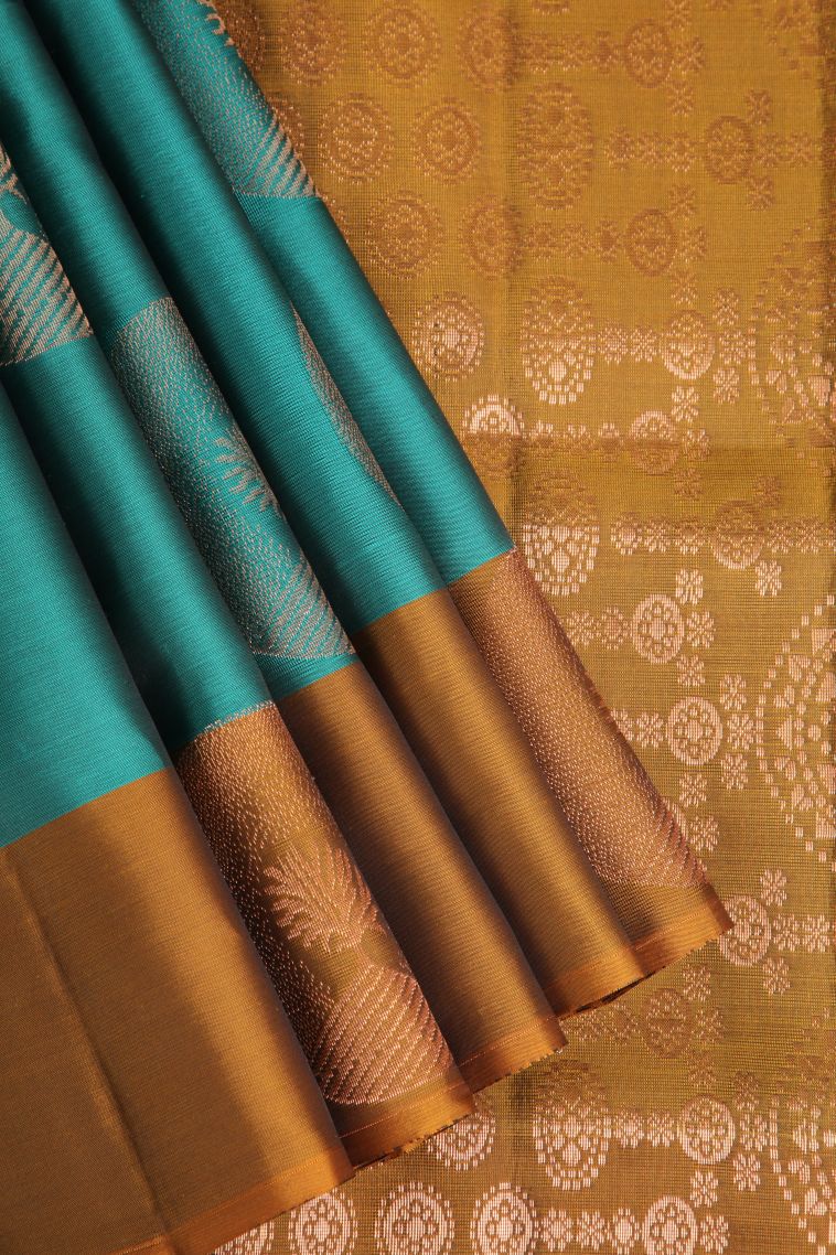 Teal Blue Soft Silk Saree with Copper Zari Circle Mottif view 1