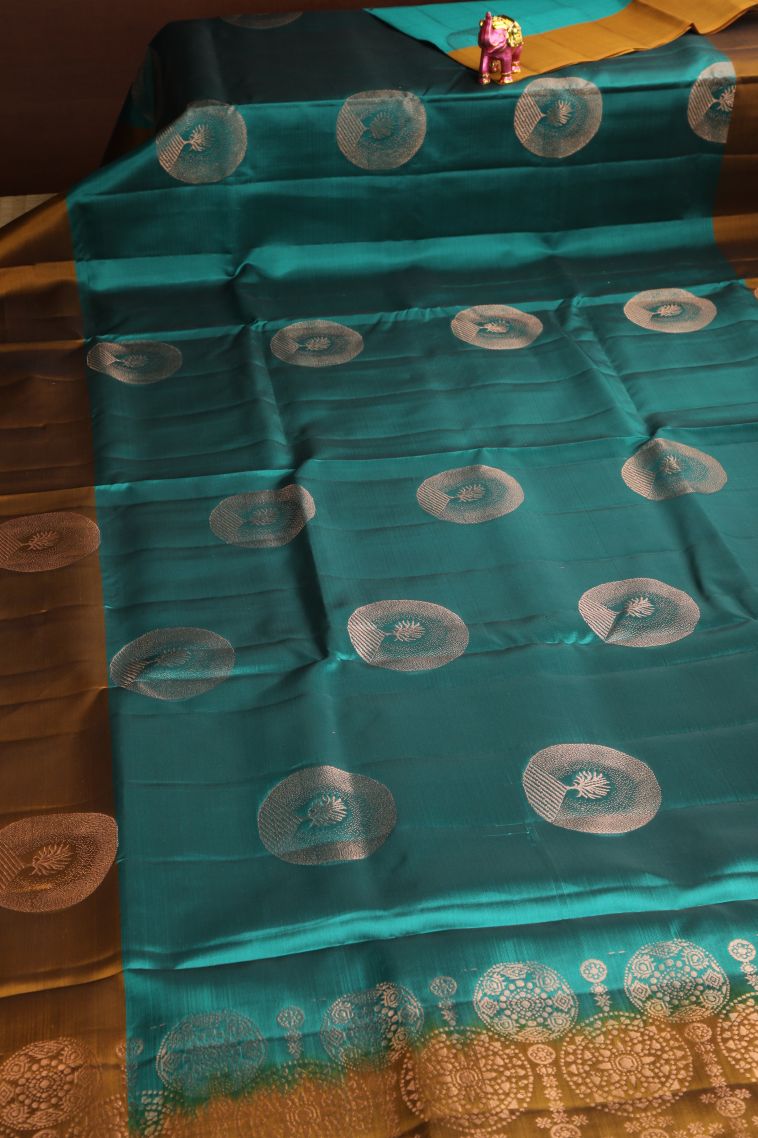 Teal Blue Soft Silk Saree with Copper Zari Circle Mottif view 2