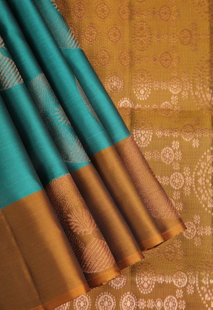 Teal Blue Soft Silk Saree with Copper Zari Circle Mottif