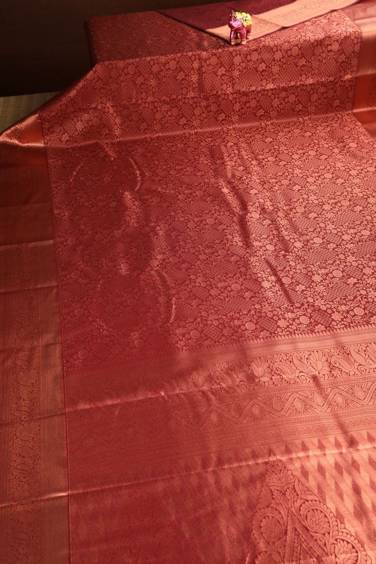 Cherry Red Apoorva Silk Sarees Copper Zari with Floral Patterns view 2