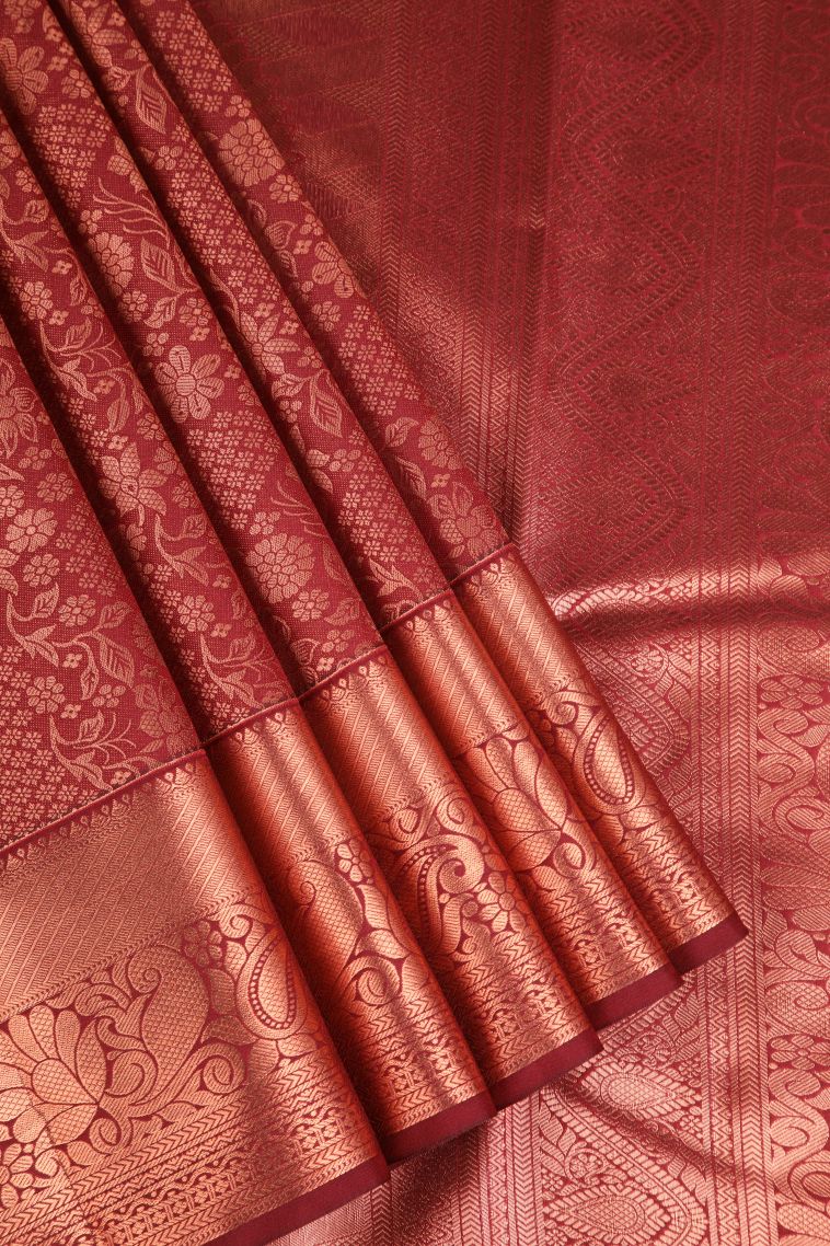 Cherry Red Apoorva Silk Sarees Copper Zari with Floral Patterns
