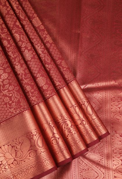 Cherry Red Apoorva Silk Sarees Copper Zari with Floral Patterns