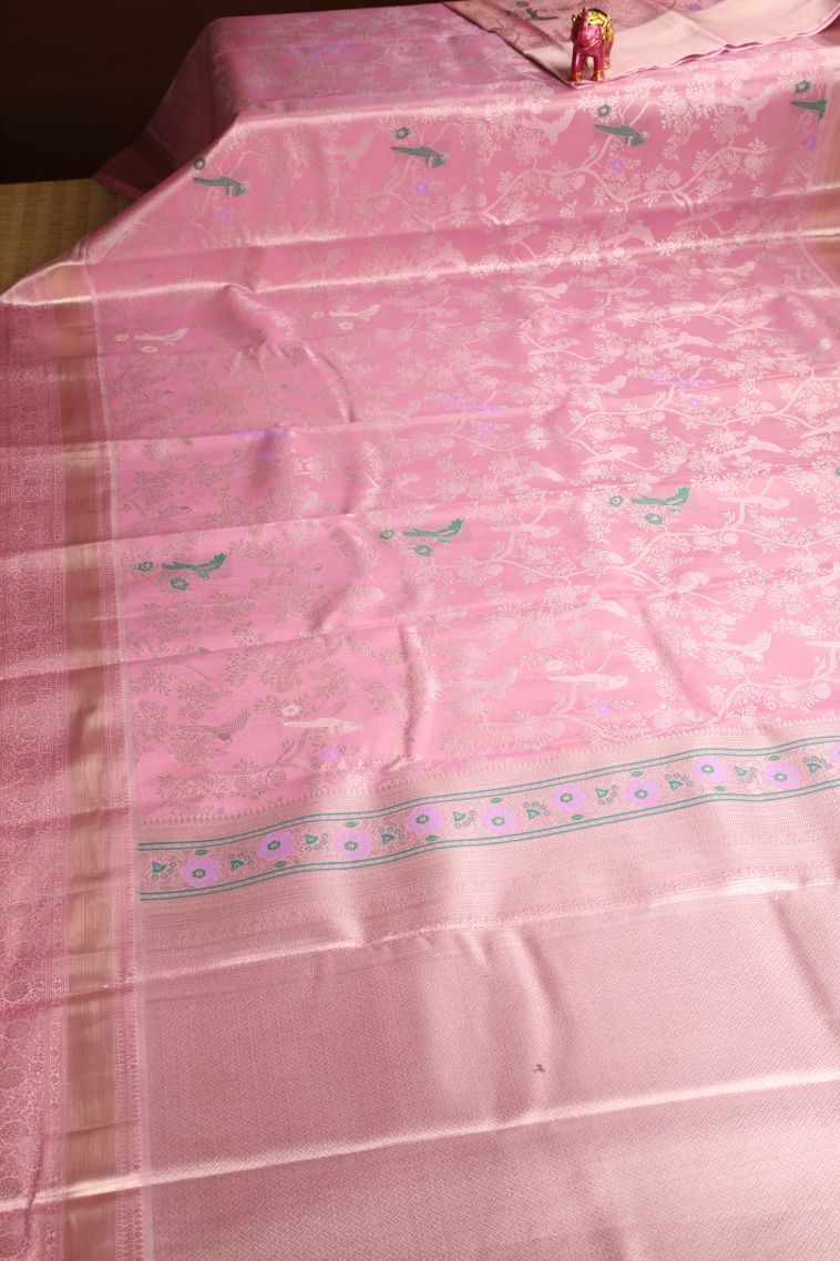 Rose Pink Apoorva Silk Sarees with Gold And Silver Zari Birds And Floral Pattern view 2