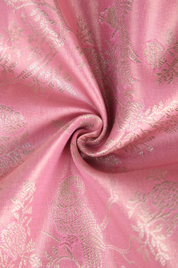 Rose Pink Apoorva Silk Sarees with Gold And Silver Zari Birds And Floral Pattern view 4