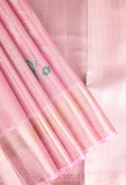 Rose Pink Apoorva Silk Sarees with Gold And Silver Zari Birds And Floral Pattern
