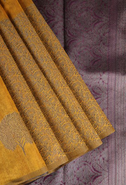Lemon Yellow Jute Sarees with Antic Zari Leaf Pattern