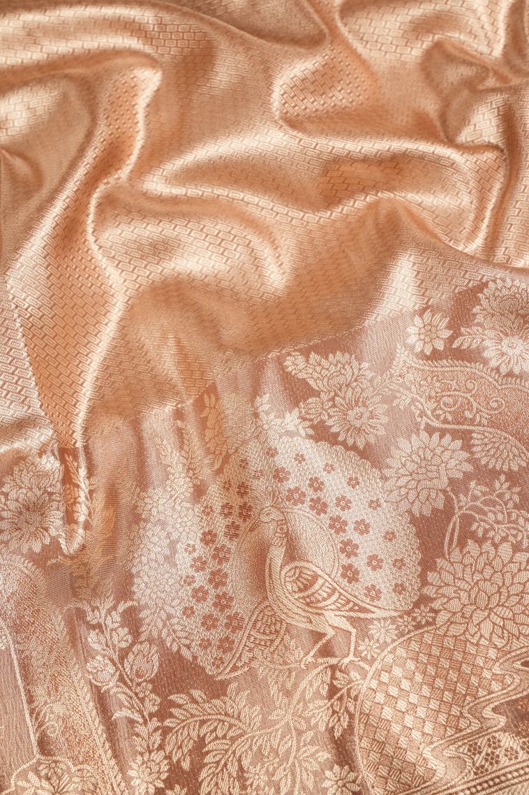 Sepia Yellow Apoorva Silk Sarees with Gold Zari Leaf Pattern view 3