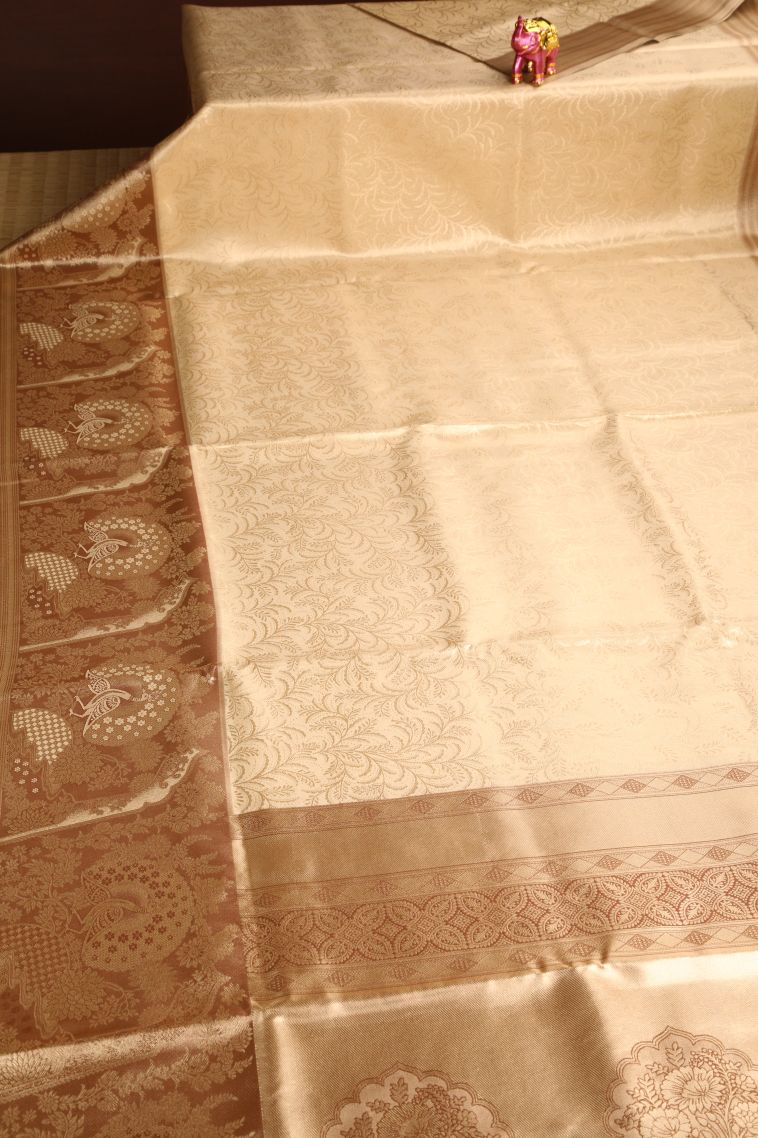 Sepia Yellow Apoorva Silk Sarees with Gold Zari Leaf Pattern view 2