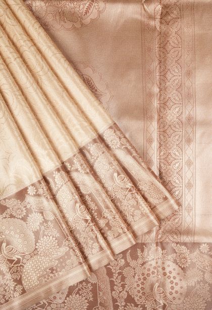 Sepia Yellow Apoorva Silk Sarees with Gold Zari Leaf Pattern