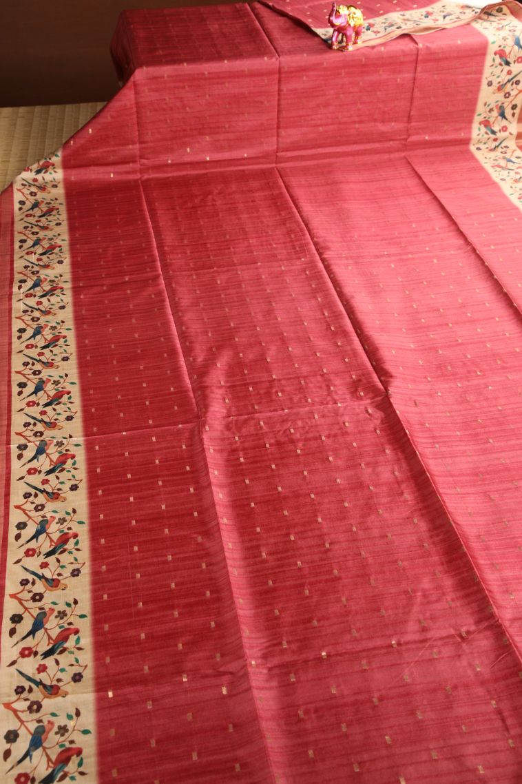Dawn Red Semi Raw Silk Printed Gold Zari with Zari Puttas view 2