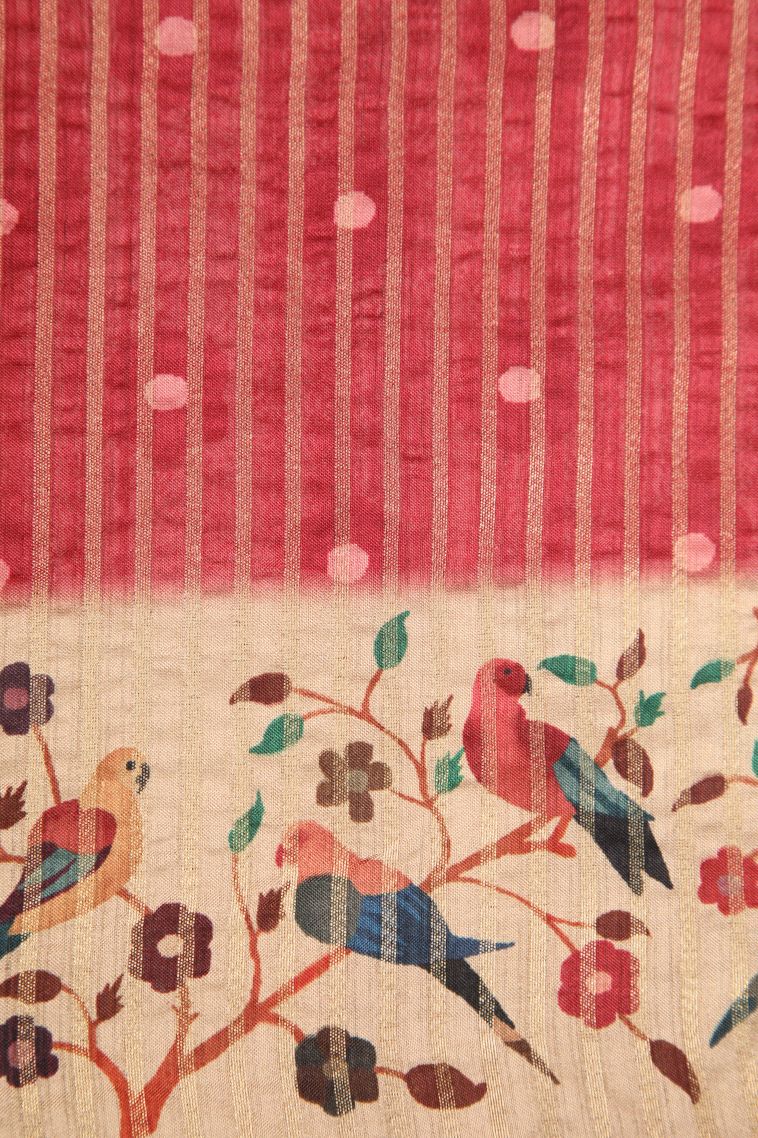 Dawn Red Semi Raw Silk Printed Gold Zari with Zari Puttas view 3