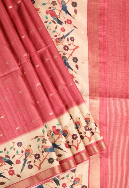 Dawn Red Semi Raw Silk Printed Gold Zari with Zari Puttas