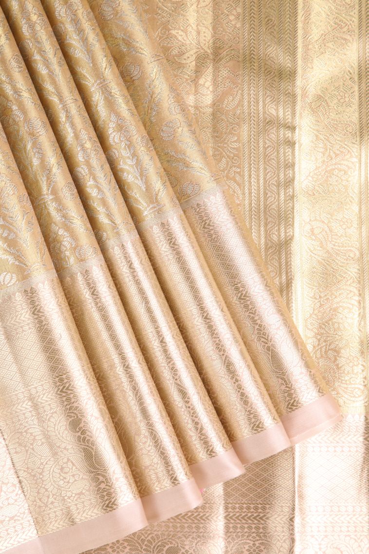 Vanilla Custard Yellow Apoorva Silk Sarees with Silver Zari Floral Patterns view 1