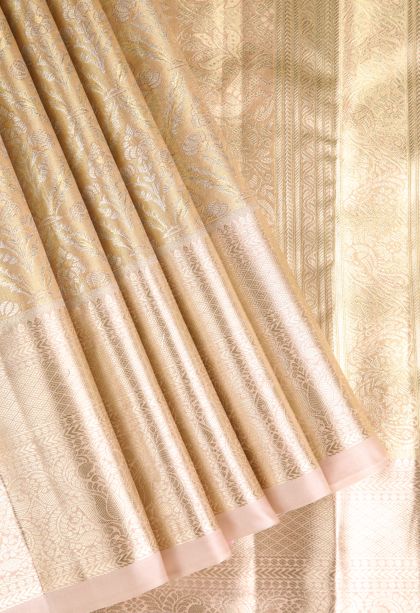 Vanilla Custard Yellow Apoorva Silk Sarees with Silver Zari Floral Patterns