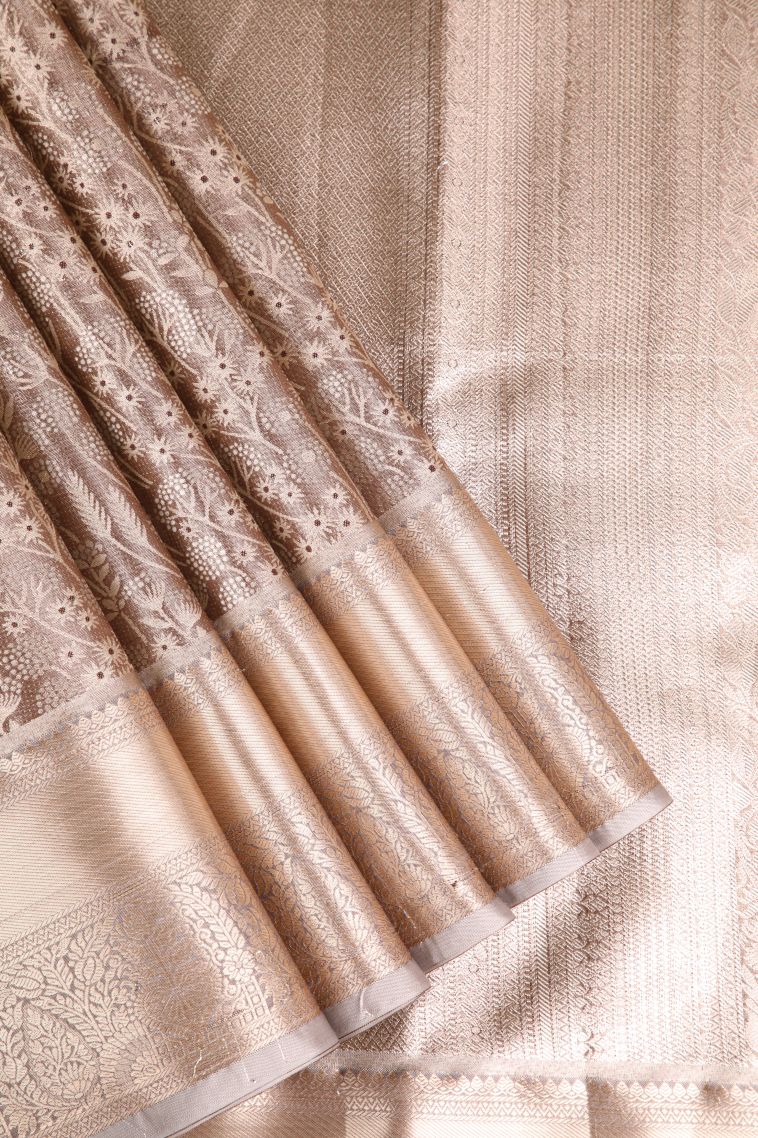 Tawny Brown Apoorva Silk Sarees with Gold And Silver Zari Floral Patterns view 1