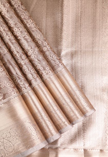 Tawny Brown Apoorva Silk Sarees with Gold And Silver Zari Floral Patterns