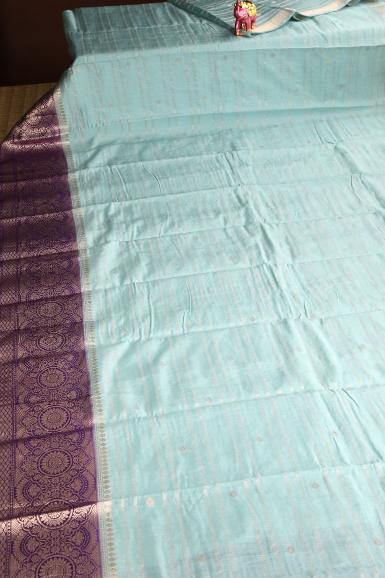 Sapphire Blue Chanderi Cotton Sarees Antic Zari with Straipes And Puttas view 2