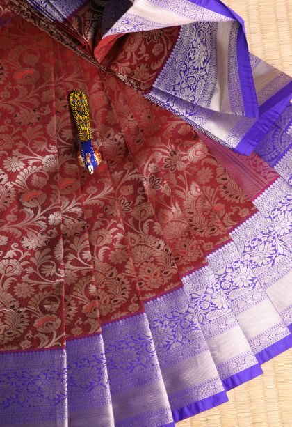Apple Red Visiri Madippu Silk Sarees with Silver Zari Floral Patterns