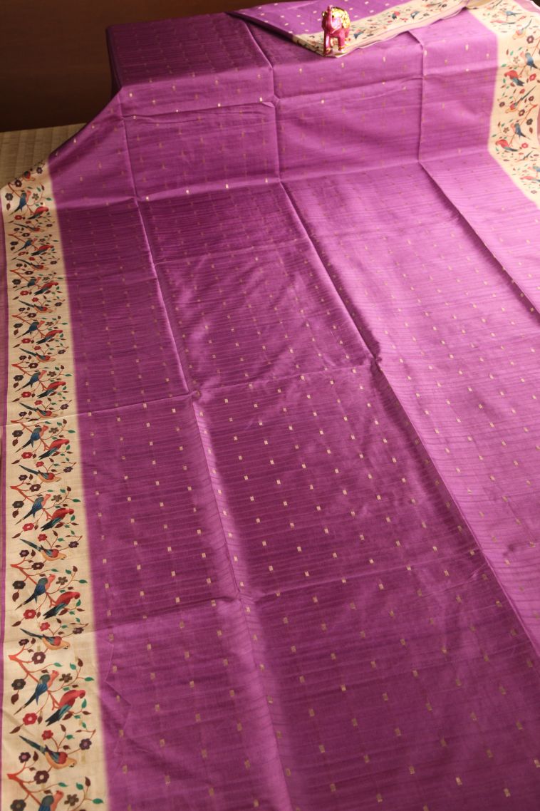 Bubblegum Pink Semi Raw Silk Printed Gold Zari with Zari Puttas view 2