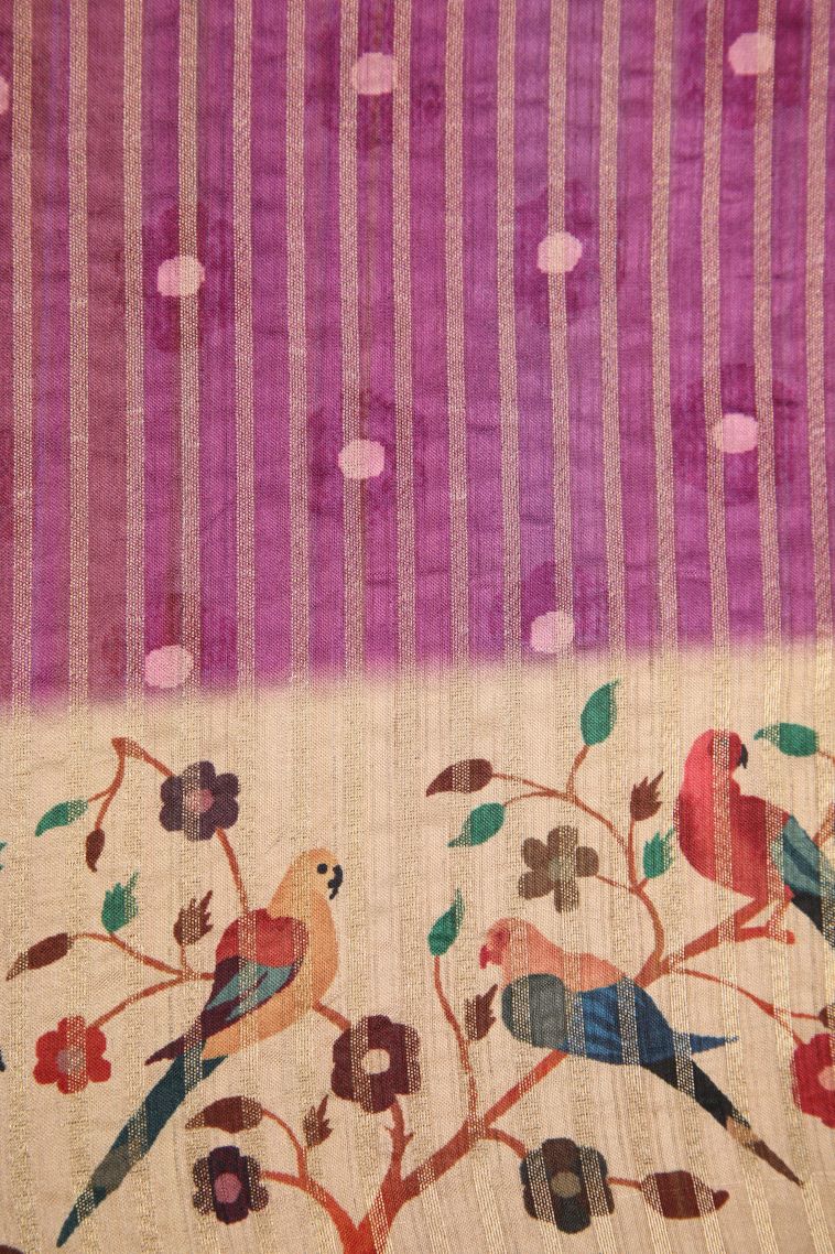 Bubblegum Pink Semi Raw Silk Printed Gold Zari with Zari Puttas view 3