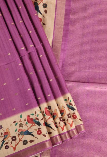 Bubblegum Pink Semi Raw Silk Printed Gold Zari with Zari Puttas