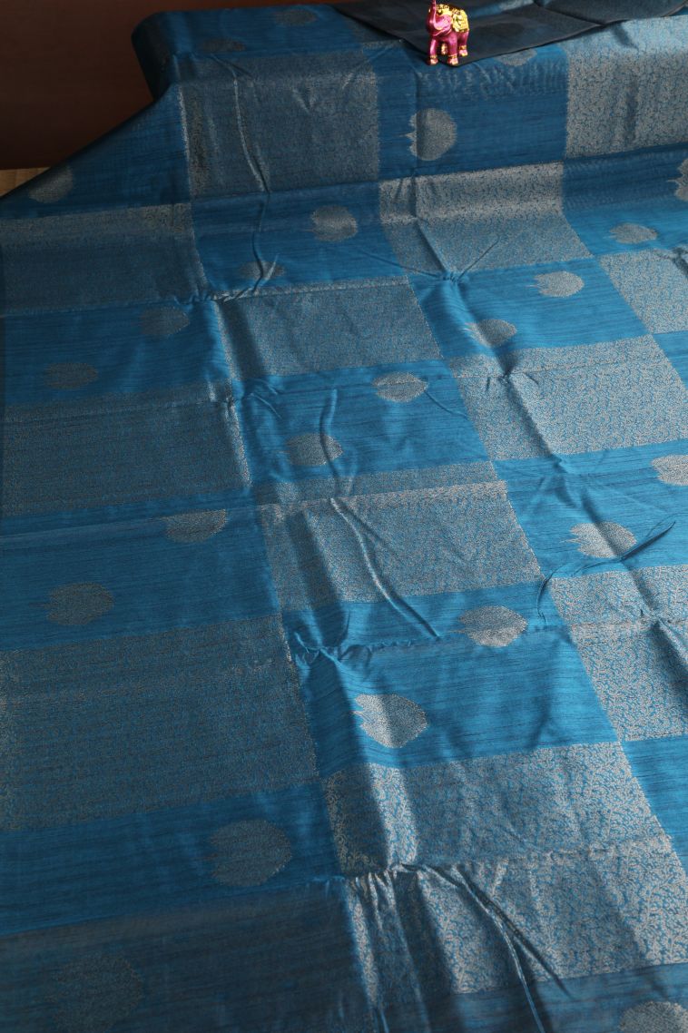 Cerulean Blue Jute Sarees with Silver Zari Checks view 2