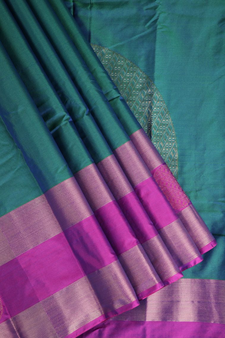 Teal Blue Arani Silk Sarees Gold Zari with Geometric Shapes view 1