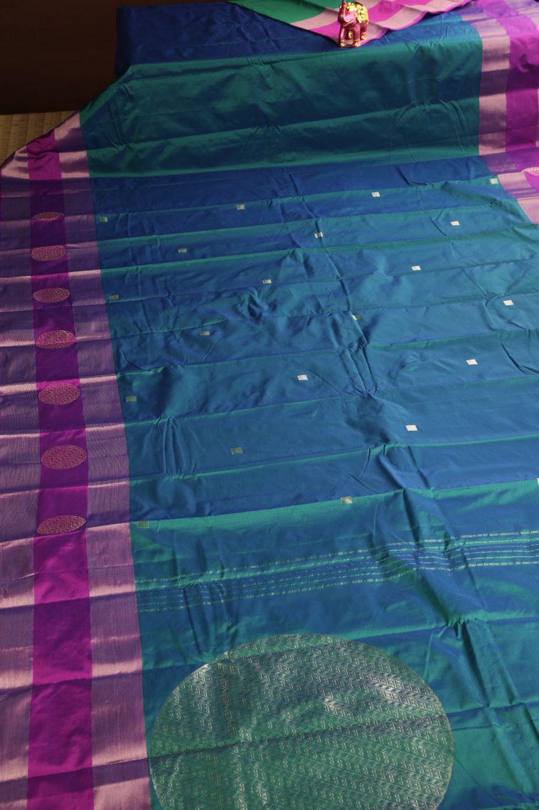 Teal Blue Arani Silk Sarees Gold Zari with Geometric Shapes view 2