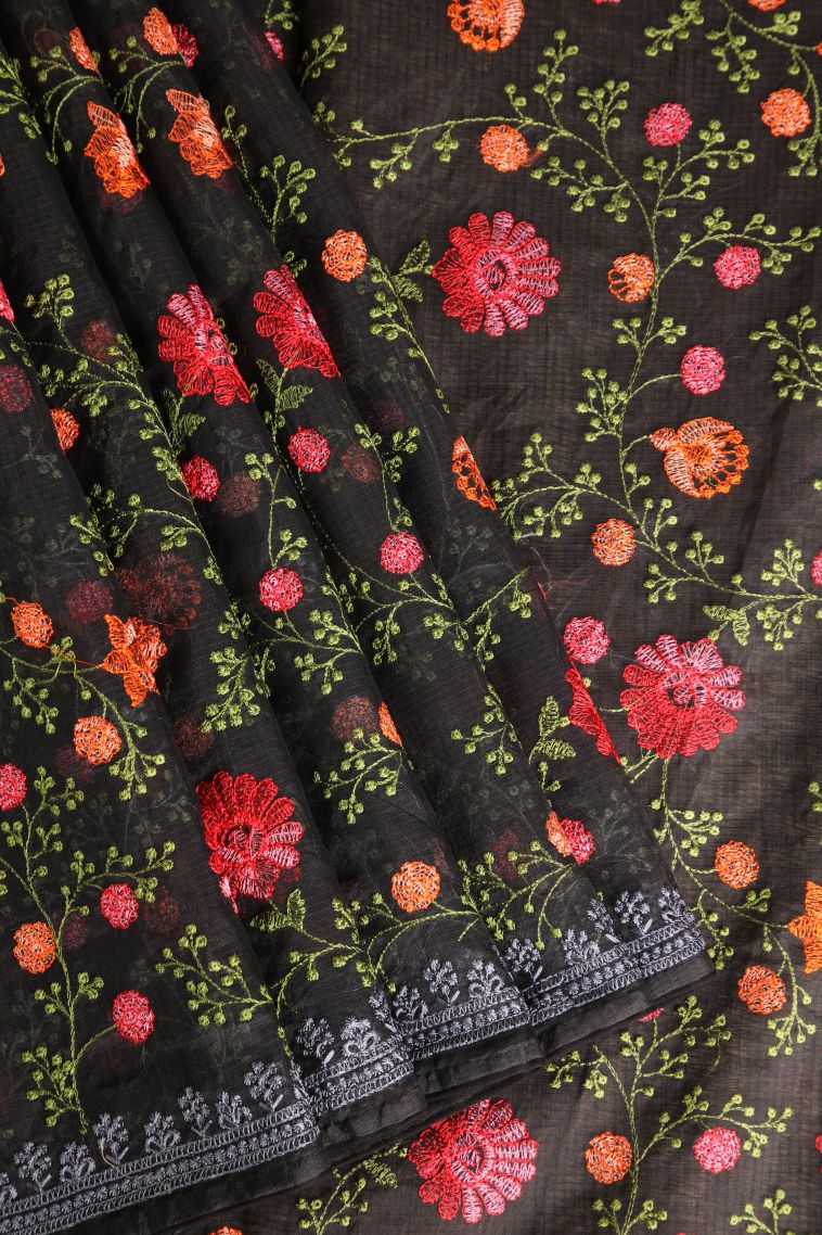 Charleston Black Manipuri Cotton Sarees Without Zari with Floral Patterns view 1