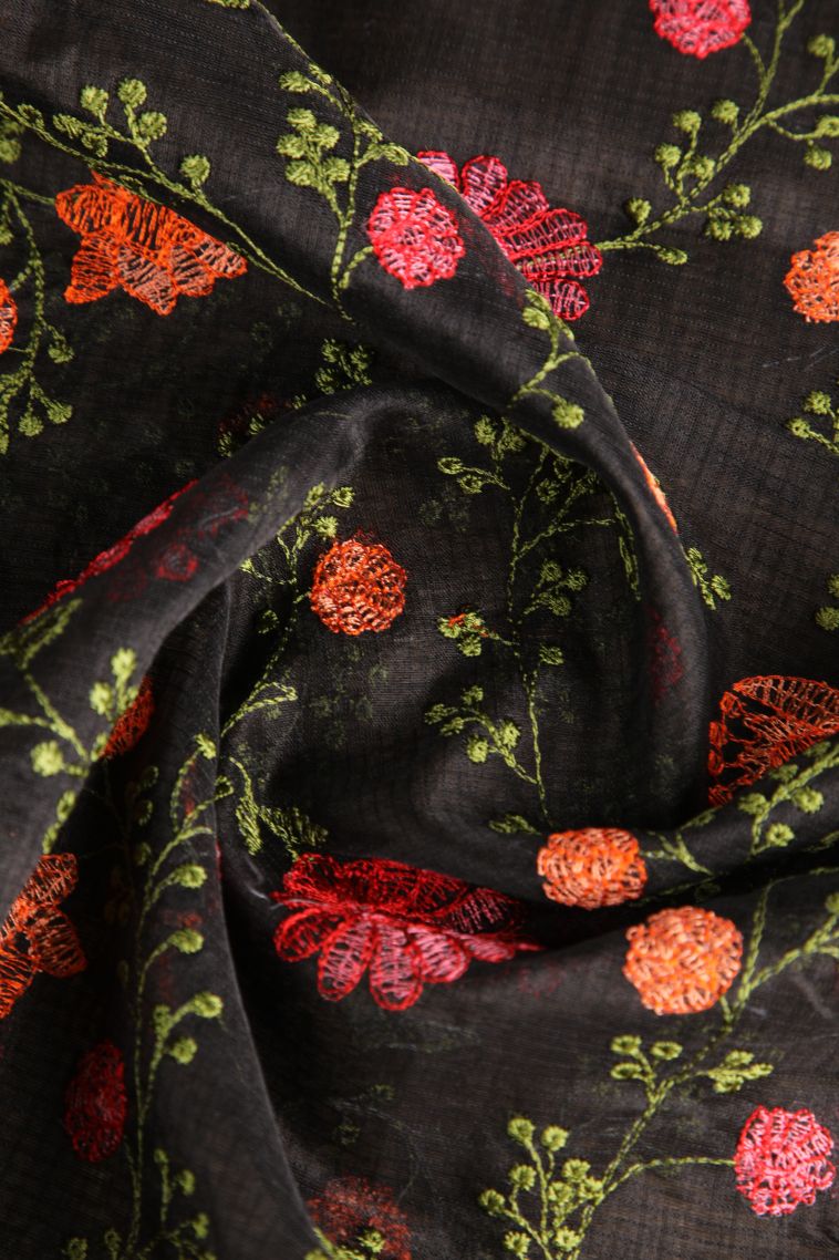 Charleston Black Manipuri Cotton Sarees Without Zari with Floral Patterns view 4