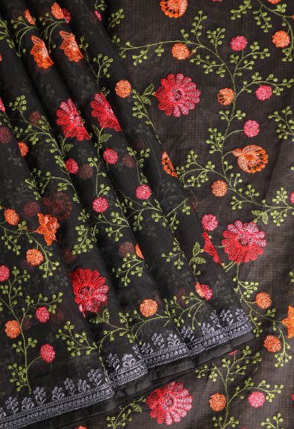 Charleston Black Manipuri Cotton Sarees Without Zari with Floral Patterns