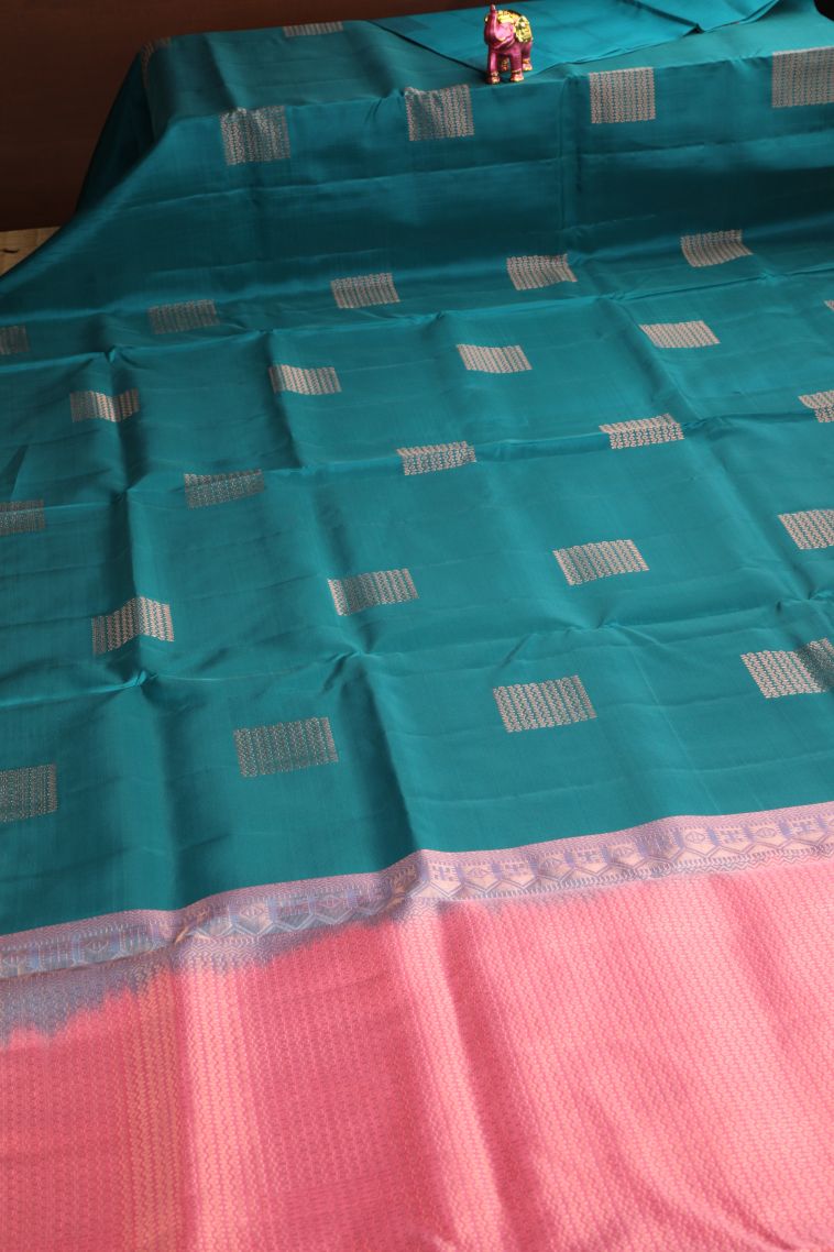 Ocean Blue Soft Silk Saree with Copper Zari Buttis (small Dots Or Motifs) view 2