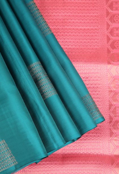 Ocean Blue Soft Silk Saree with Copper Zari Buttis (small Dots Or Motifs)