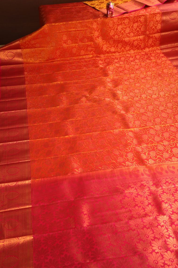 Tiger Orange Visiri Madippu Silk Sarees with Copper Zari Kodi Pattern view 2