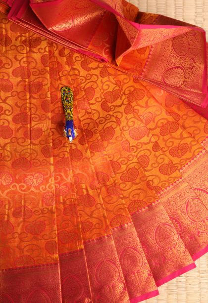 Tiger Orange Visiri Madippu Silk Sarees with Copper Zari Kodi Pattern